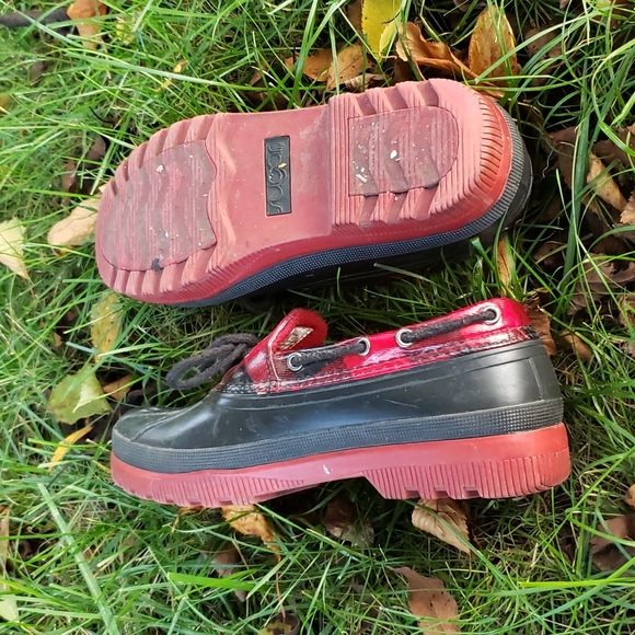 Black with red plaid, duck shoes. Size 7, branded "Sugar." - Picture 2 of 3